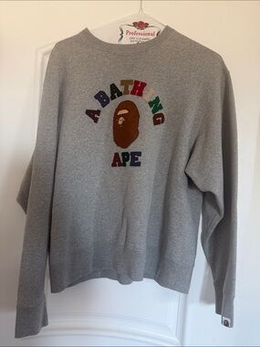 A Bathing Ape Grey Crewneck Sweatshirt with Multicolor Logo